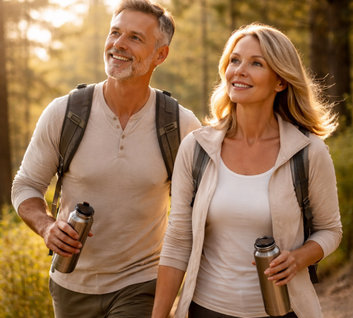 hiking through the golden forest light